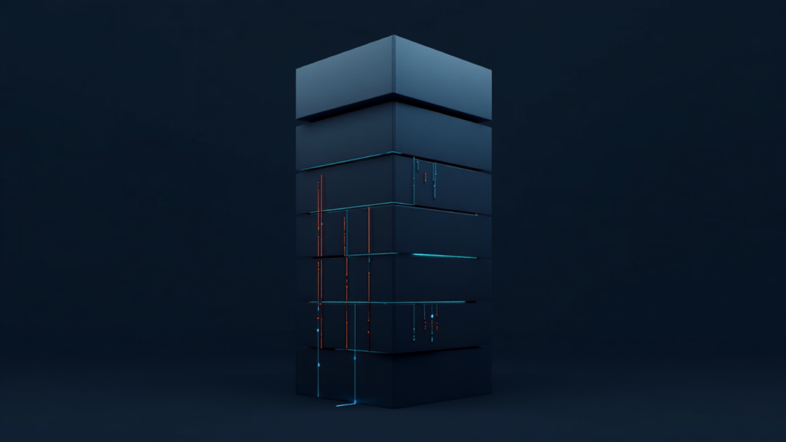 Silicon Valley Certification Hub Chief AI Officer Alejandro Cuauhtemoc-Mejia -- abstract sculpture of layered infrastructure blocks with broken cyan connections between them, representing the missing governance, data infrastructure, and change management links inside companies trying to scale AI.
