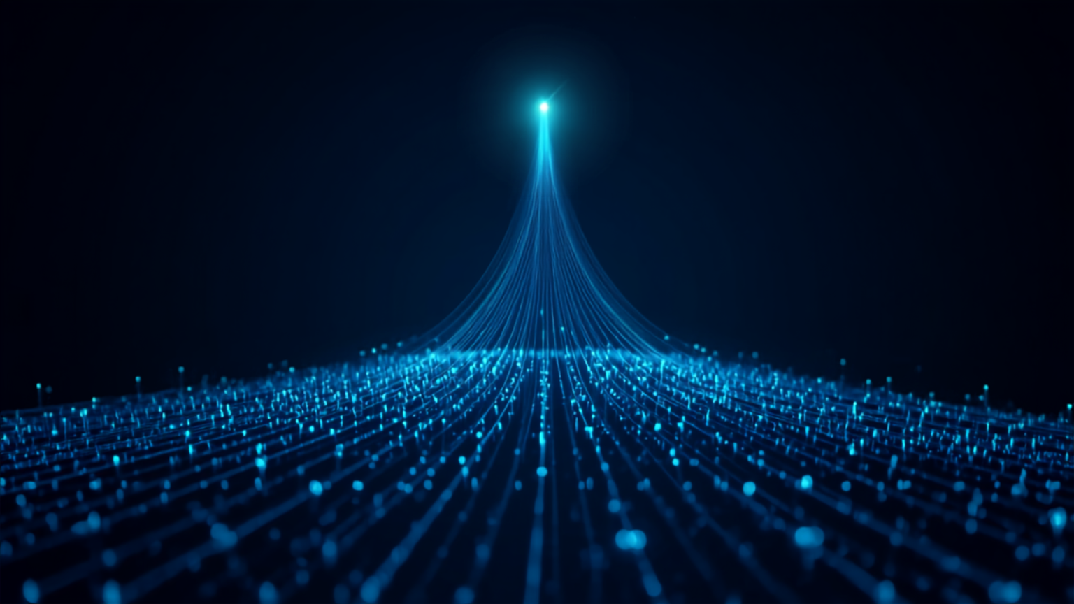 Silicon Valley Certification Hub Chief AI Officer Alejandro Cuauhtemoc-Mejia -- abstract single glowing node cascading fractured light lines into many dimmed nodes, representing one unverified AI output driving many downstream executive decisions.