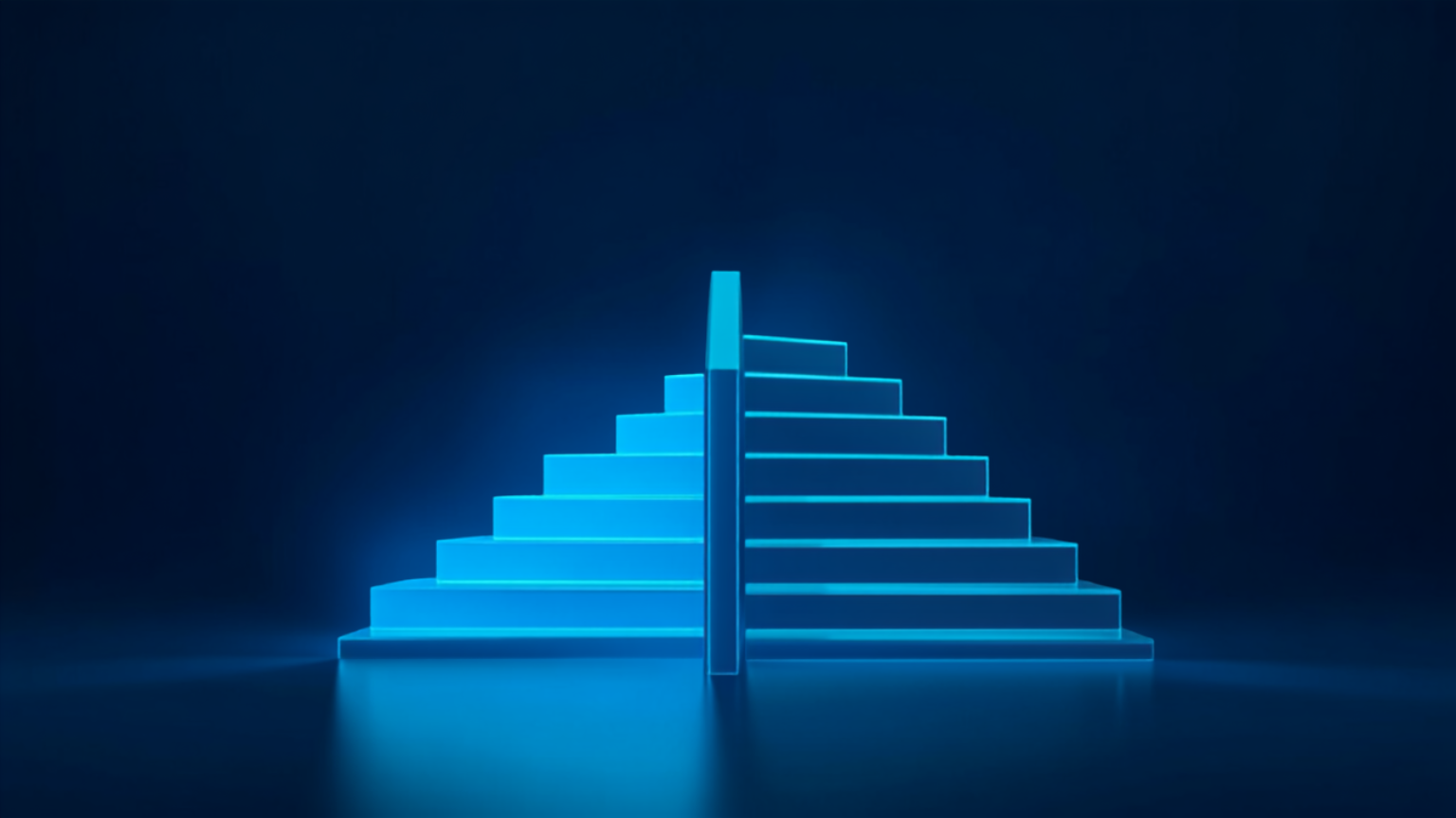 Silicon Valley Certification Hub Chief AI Officer Alejandro Cuauhtemoc-Mejia -- abstract illustration of two ascending staircases, one short and brightly lit and one tall and dim, representing the gap between AI productivity gains and real business transformation.