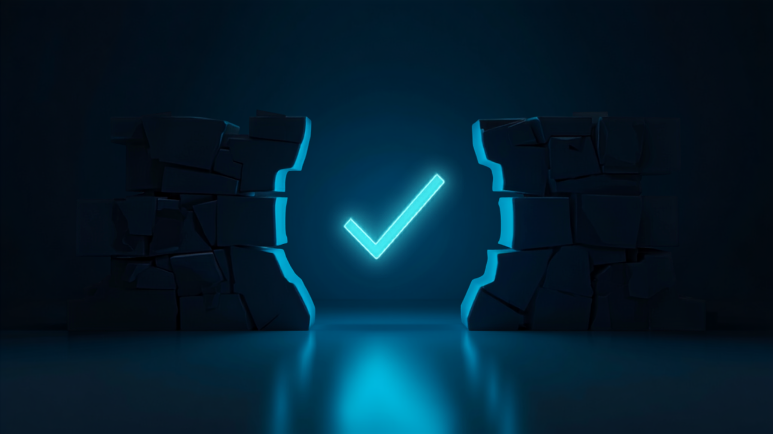 Silicon Valley Certification Hub Chief AI Officer Alejandro Cuauhtemoc-Mejia -- a glowing checkmark gate between two fractured walls, representing the human-in-the-loop approval step every generative AI pilot in the energy case study kept in place.