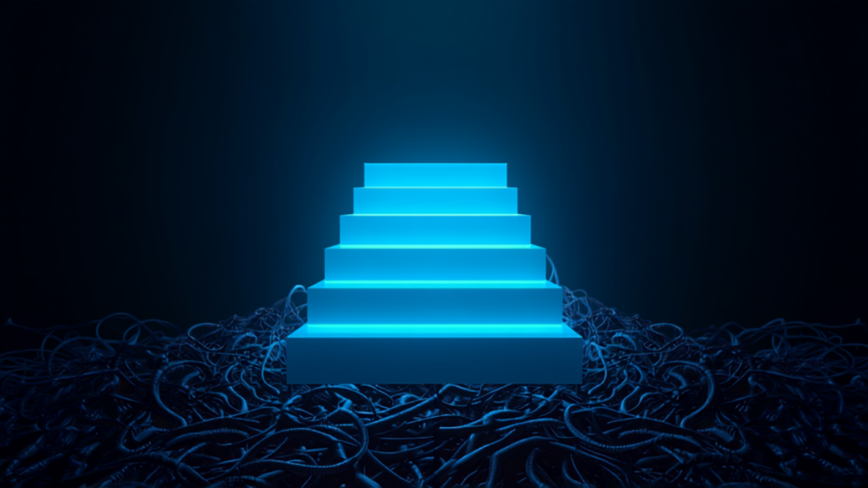 Silicon Valley Certification Hub Chief AI Officer Alejandro Cuauhtemoc-Mejia -- an abstract glowing staircase of four crystalline steps representing the FAIGMOE academic framework four-phase model for AI adoption in midsize companies, with tangled roots below symbolizing the messy organizational reality most firms actually have.