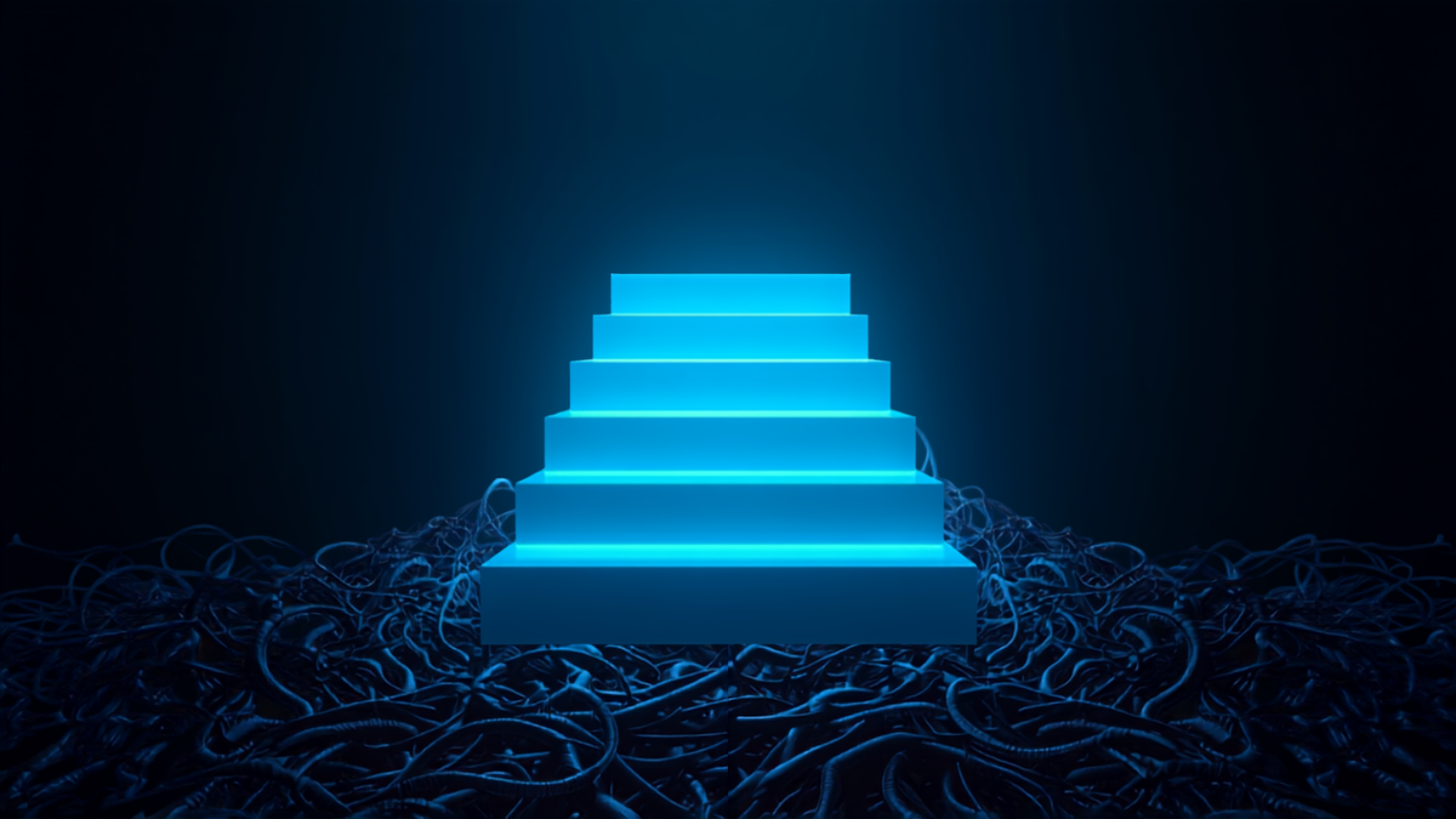 Silicon Valley Certification Hub Chief AI Officer Alejandro Cuauhtemoc-Mejia -- an abstract glowing staircase of four crystalline steps representing the FAIGMOE academic framework four-phase model for AI adoption in midsize companies, with tangled roots below symbolizing the messy organizational reality most firms actually have.