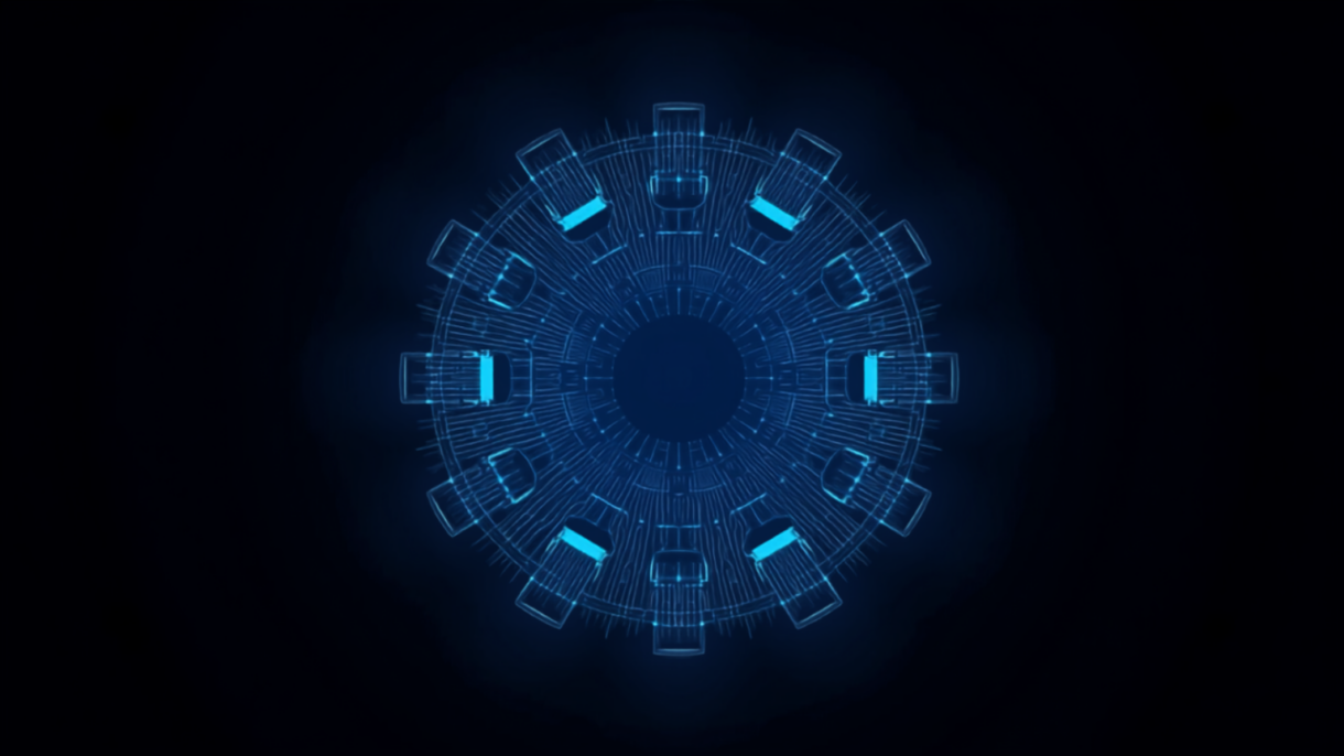 Silicon Valley Certification Hub Chief AI Officer -- overhead view of a circuit-board boardroom table with connected seat nodes, symbolizing AI board governance roles and responsibilities.