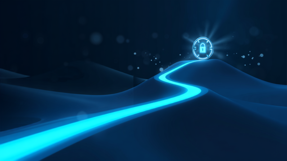 Silicon Valley Certification Hub Chief AI Officer -- winding glowing path leading to a secured vault on a distant peak, symbolizing an AI Security Roadmap for executives.