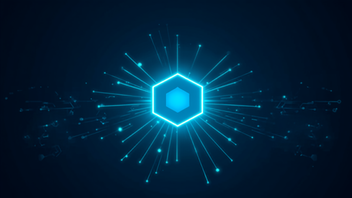 Silicon Valley Certification Hub Chief AI Officer -- glowing hexagonal AI Center of Excellence hub with energy spokes radiating to connected department nodes, symbolizing centralized AI governance and an AI Assessment for companies building their AI Center of Excellence.
